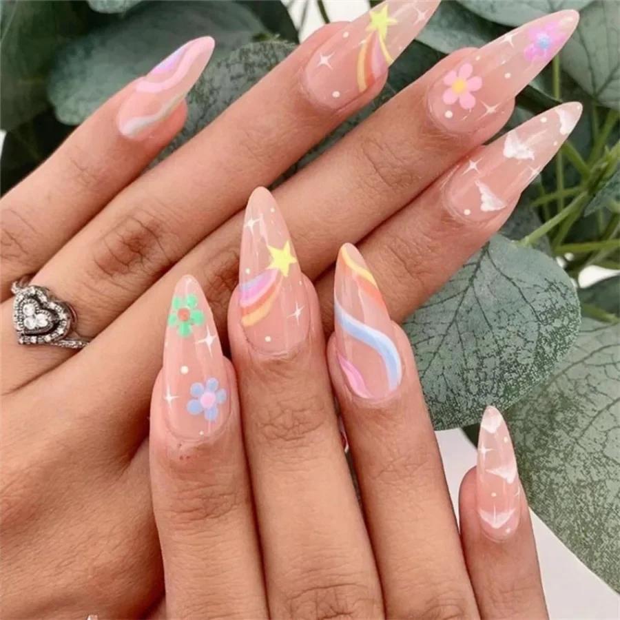 24Pcs Almond Long French Fake Nails Pointed Glossy White Edge Artificial Acrylic Press On Nails Removable Nail Art Tips