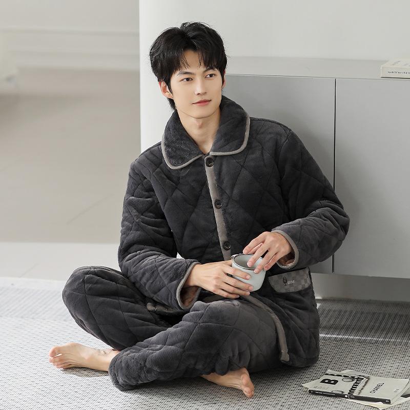 Pajamas Men'S Winter Coral Fleece Three-Layer Padded Cotton Thickened Fleece Thermal Zipper Winter Loungewear Thermal Suit