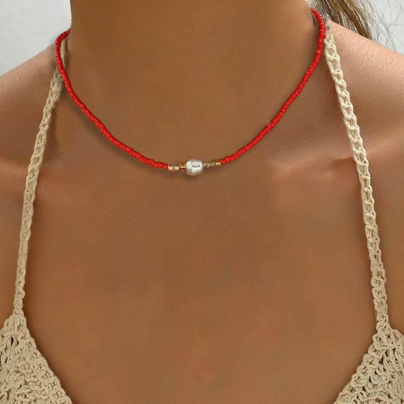Vintage Woven Colored Rice Bead Necklace for Women Personality Imitation Pearl Color Collision Adjustable Clavicle Chain Jewelry