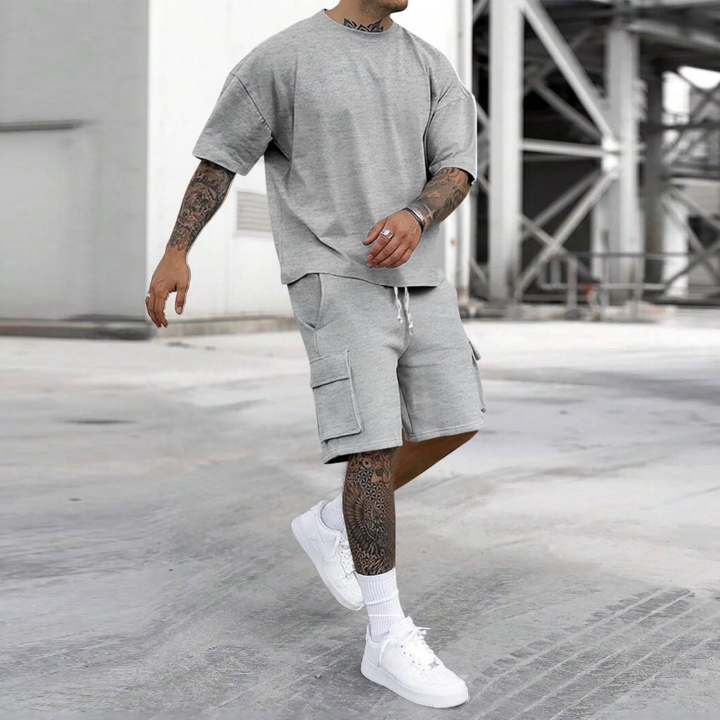 Men's Casual Short Sleeve T-Shirt and Cargo Shorts Set Lightweight Breathable Fabric Loose Fit Summer Outfit