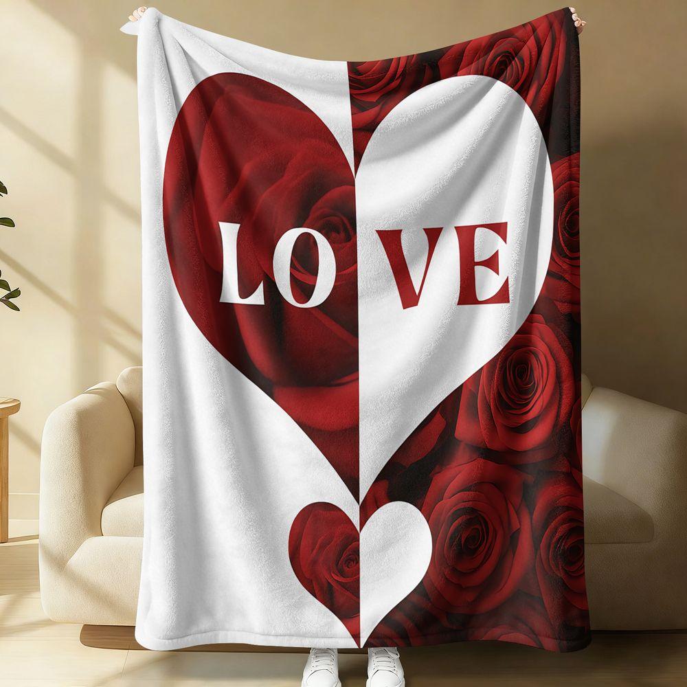 Valentine Love Heart Rose Split Print Flannel Fleece Blanket Soft Throw for Couple Wedding Gift Home Sofa Bed