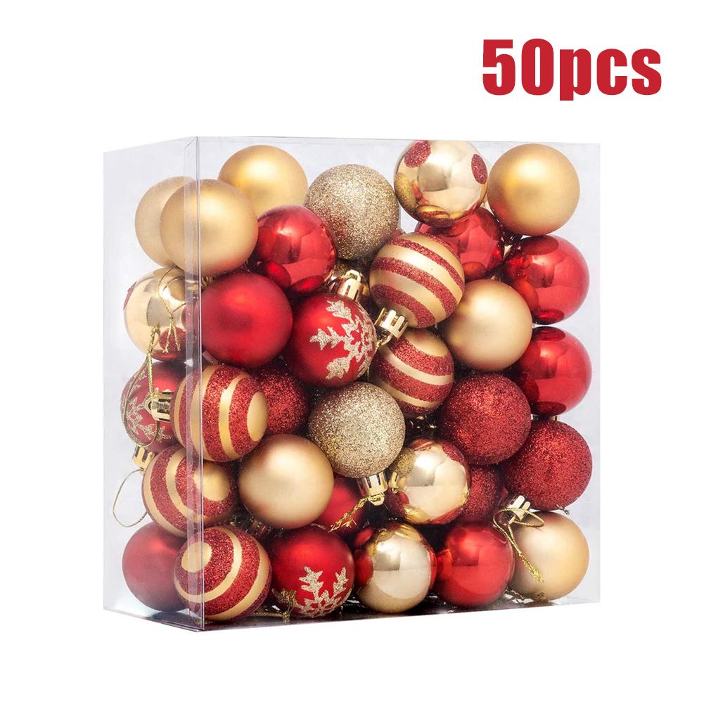 50 Stück Gold Rot Schneeflocke Weihnachtskugeln Set Kunststoff Neujahr Hängeanhänger Kugelornamente für Weihnachtsbaum Navidad Party Deko