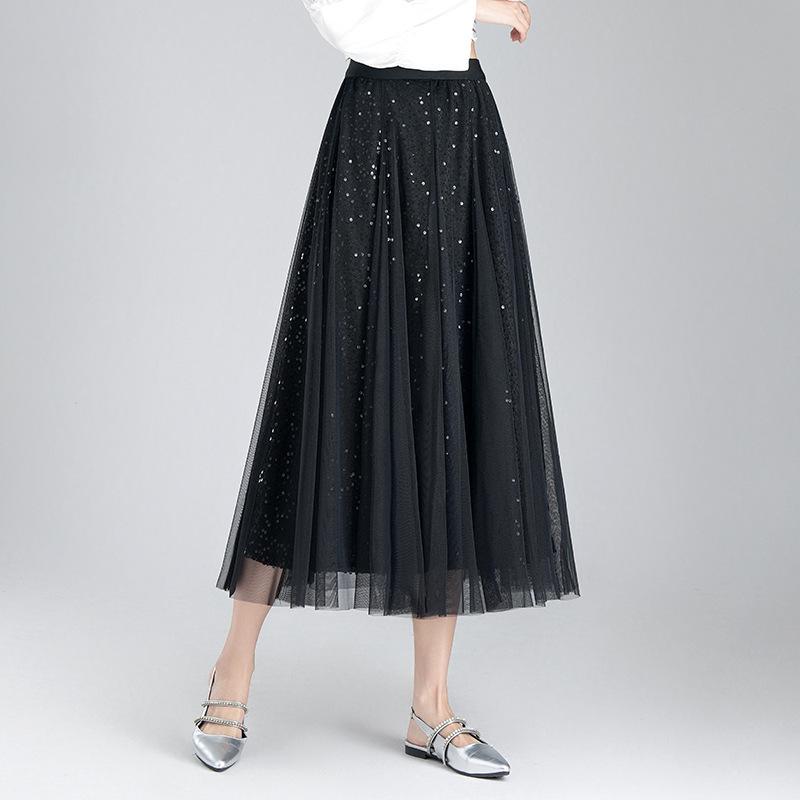 

Весна 2025 Женская юбка миди из сетки с пайетками с высокой талией - Стильная корейская мода One Size чёрный