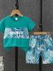 Hawaiian-tracksuit, Palm Leaf Print Short-sleeved T-shirt and Shorts Two-piece Set, Blue-green Casual Summer New Style.