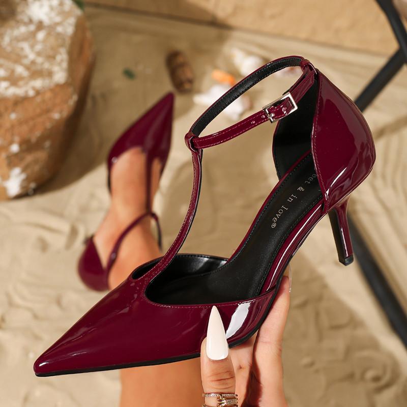 Fashion Fashion T-strap Design Brand High Heels Women High Quality Black Patent Leather Banquet Dress Shoes Comfort Elegant Office Shoes