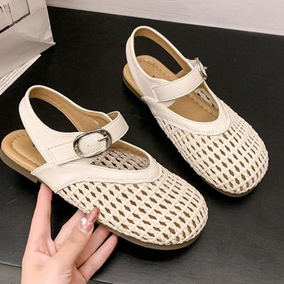 Runde Zehenpartie, flache Ausschnitt-Römersandalen, Damen-Sommersandalen aus Mesh, weiche Sohle, rutschfest, gewebte Flats für draußen