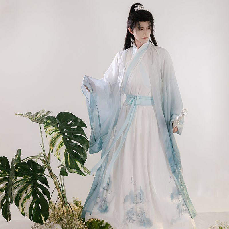 Chinese Wei And Jin Dynasty Style Hanfu Large-sleeved Shirt Ink Printing And Dyeing Suit, Daily Knight Suit