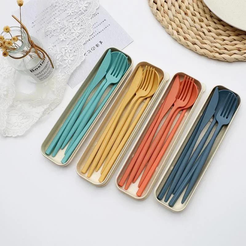 Household Fashion Tableware 4PCS/Set Cutlery Wheat Straw Spoon Fork Chopsticks Box Tableware Portable Dinnerware Accessories