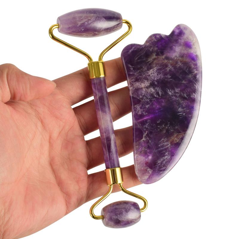 Natural Amethyst Jade Roller Gua Sha Set Gouache Scraper Board Face Lifting Anti-Wrinkle Beauty Skin Care Body Massage Tools