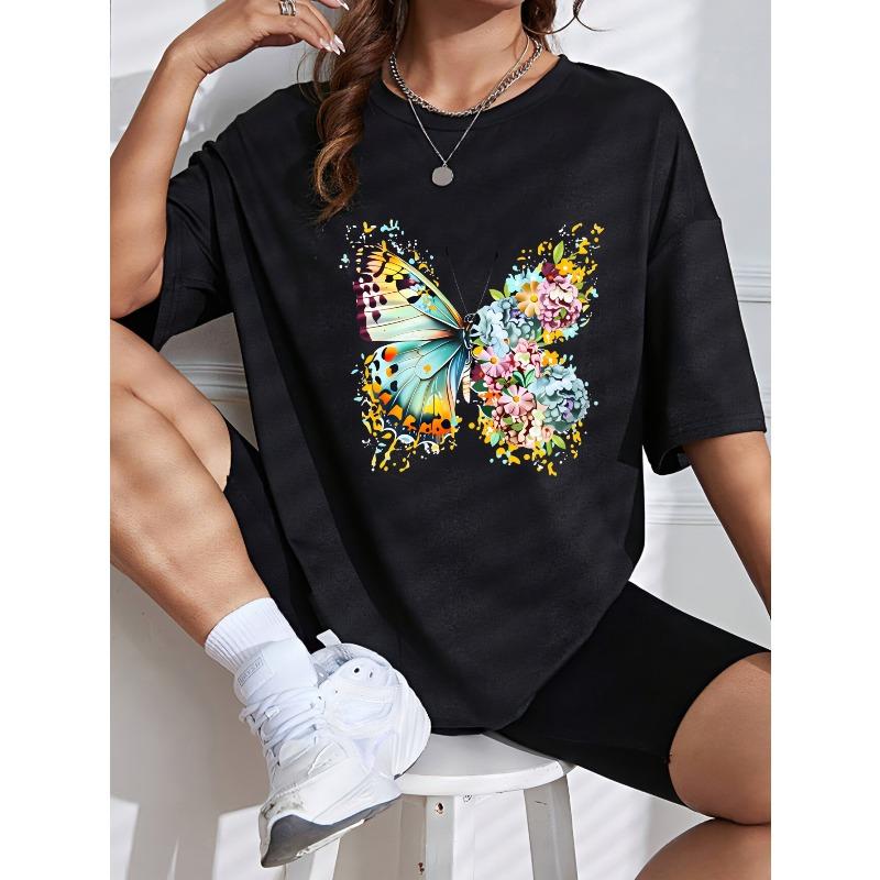 T-Shirt For Women Casual Summer Outfit Fashion Top With Colorful Butterfly And Flowers Design Perfect For Everyday Wear And Outdoor Activities