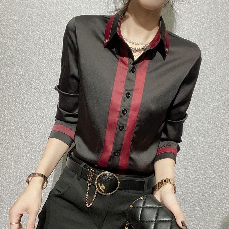 

Women s Clothing Fashion Spliced Blouse Commute Single-breasted Korean Turn-down Collar Spring Autumn New Long Sleeve Slim Shirt L червоний