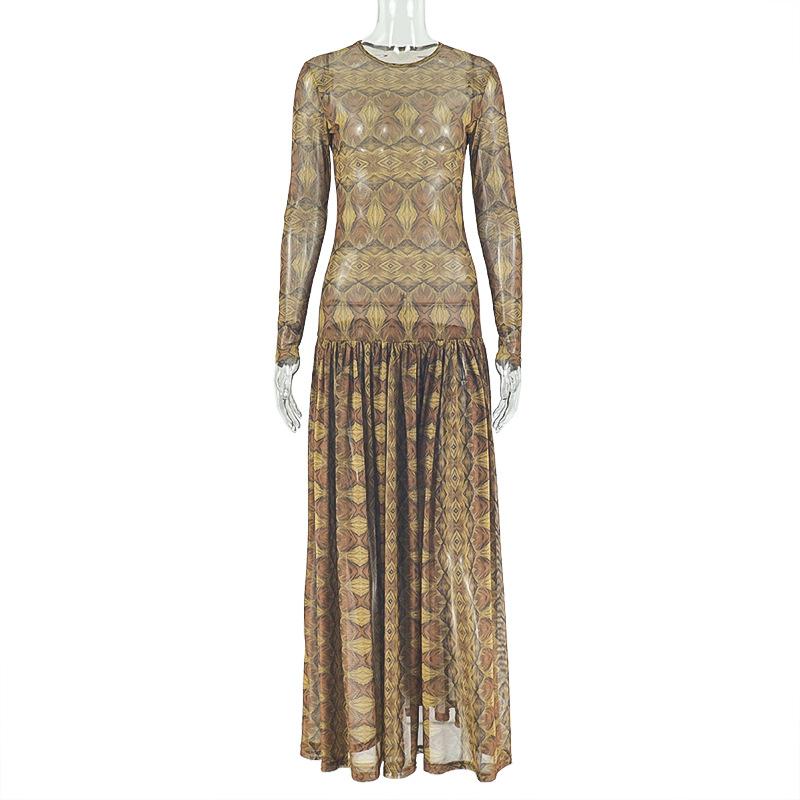 WX011428WMC Vintage Elegant Printed Maxi Dress Round Neck Long Sleeve Slim Waist Sheer A Line Dress African Evening Dress Wholesale Factory