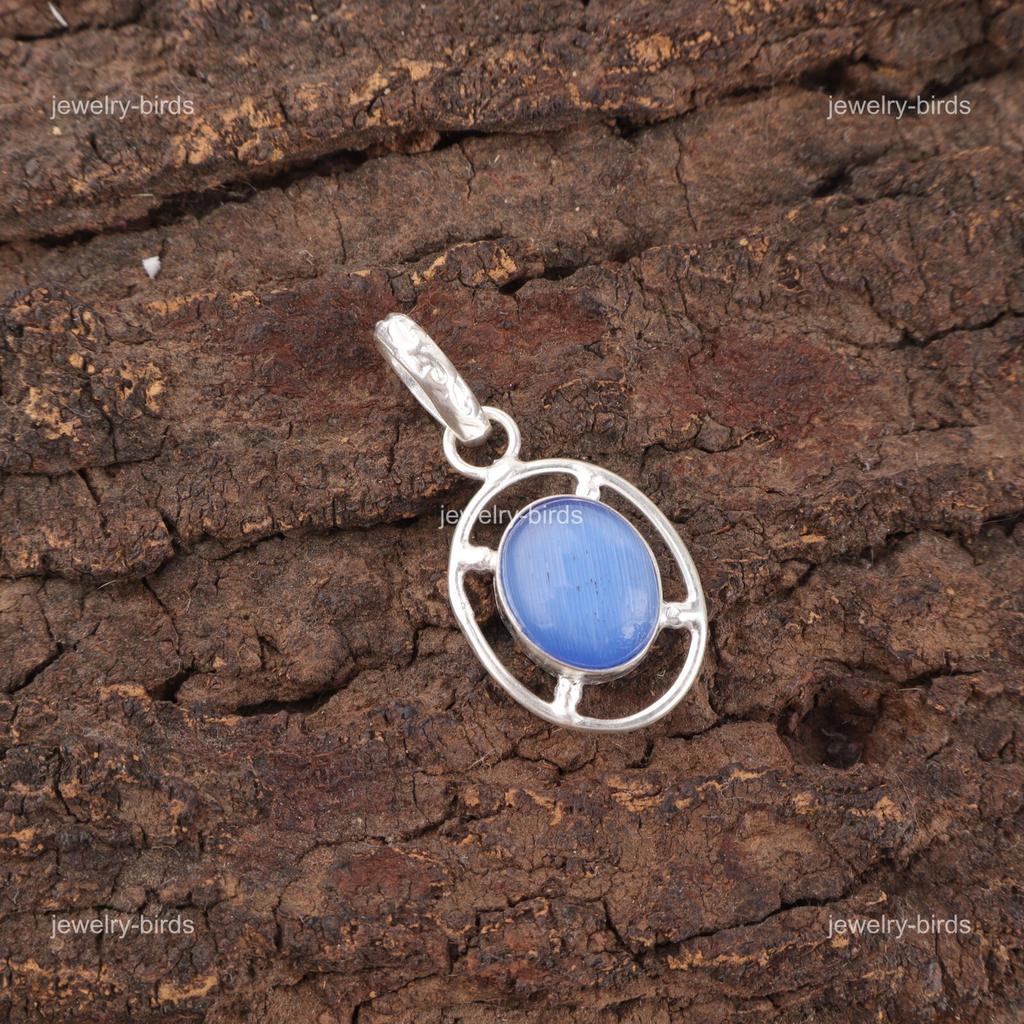Dark Blue Cat'S Eye Stone 925 Silver Mother Gift Engagement Handcrafted Pendant PP-6-44