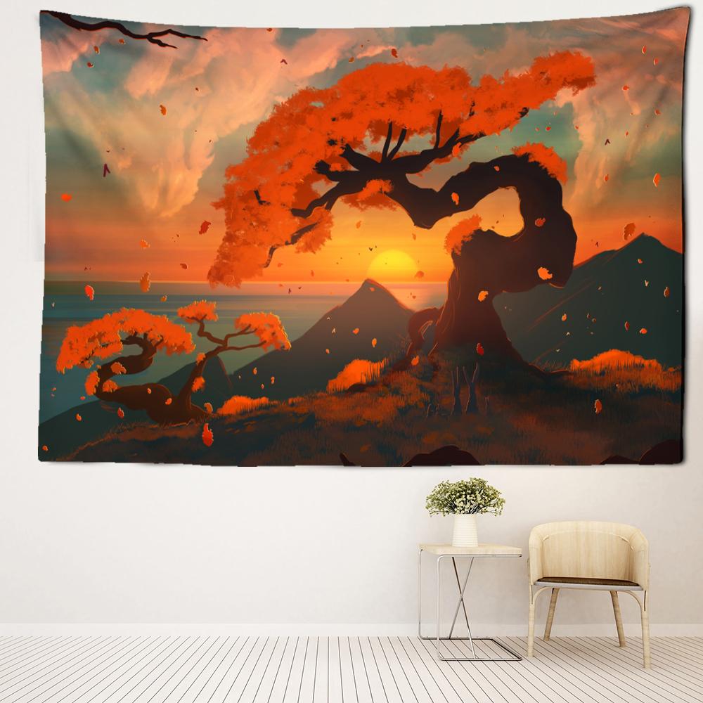 Sunset Cartoon Forest Tapestry Wall Hanging Kawayi Bohemian Tropical Art Scenery Bedroom Simple Home Decor
