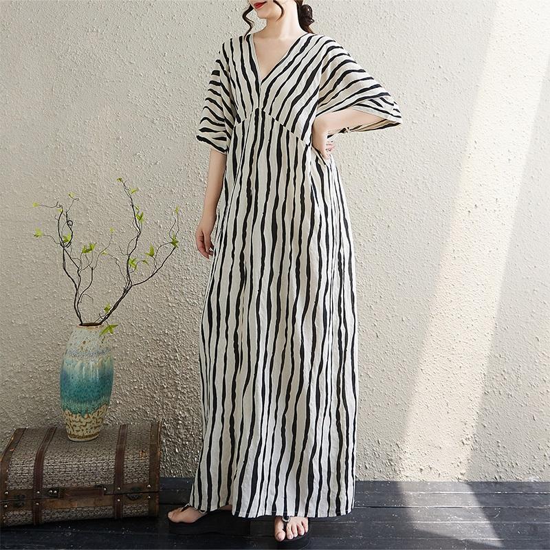 Short Sleeve Plus Size Cotton Vintage Stripe New In Dresses for Women Casual Loose Long Summer Dress