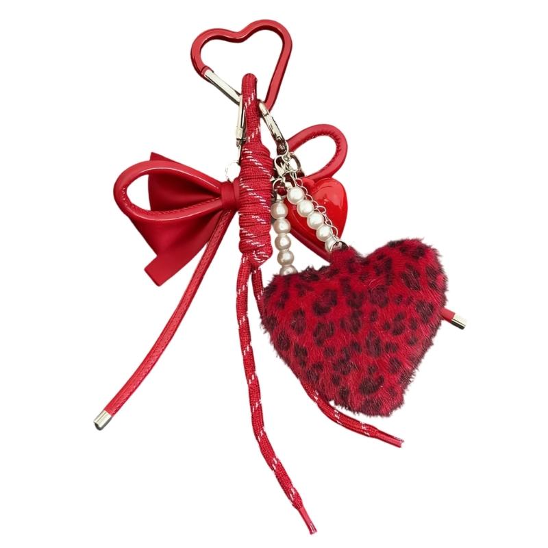 Stylish Leopard Print Plush Keychain Adorned With Artificial Leather Heart Bag Charm for Women Fashion Accessories