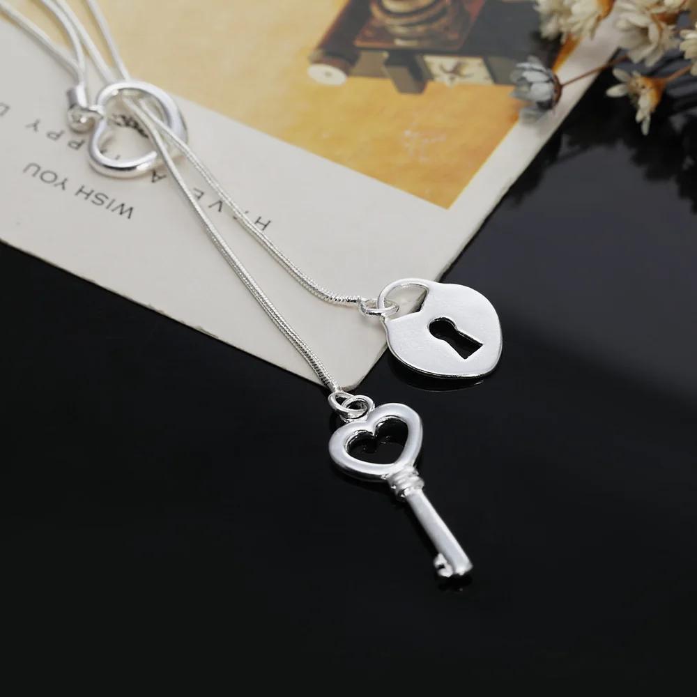 925 Sterling Silver Elegant Heart Lock Key Necklace For Women Luxury Jewelry