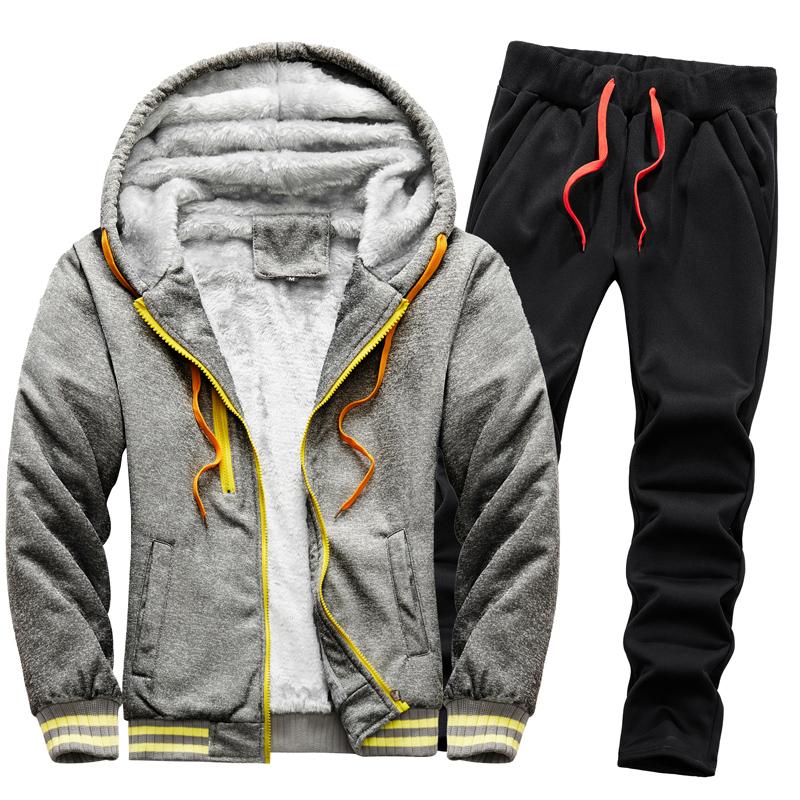 Autumn and Winter Men's Casual Plus Plush Thick Hooded Suit Men's Warm Hoodie Jacket Men's Casual Plus Plush Thick Two-piece Set