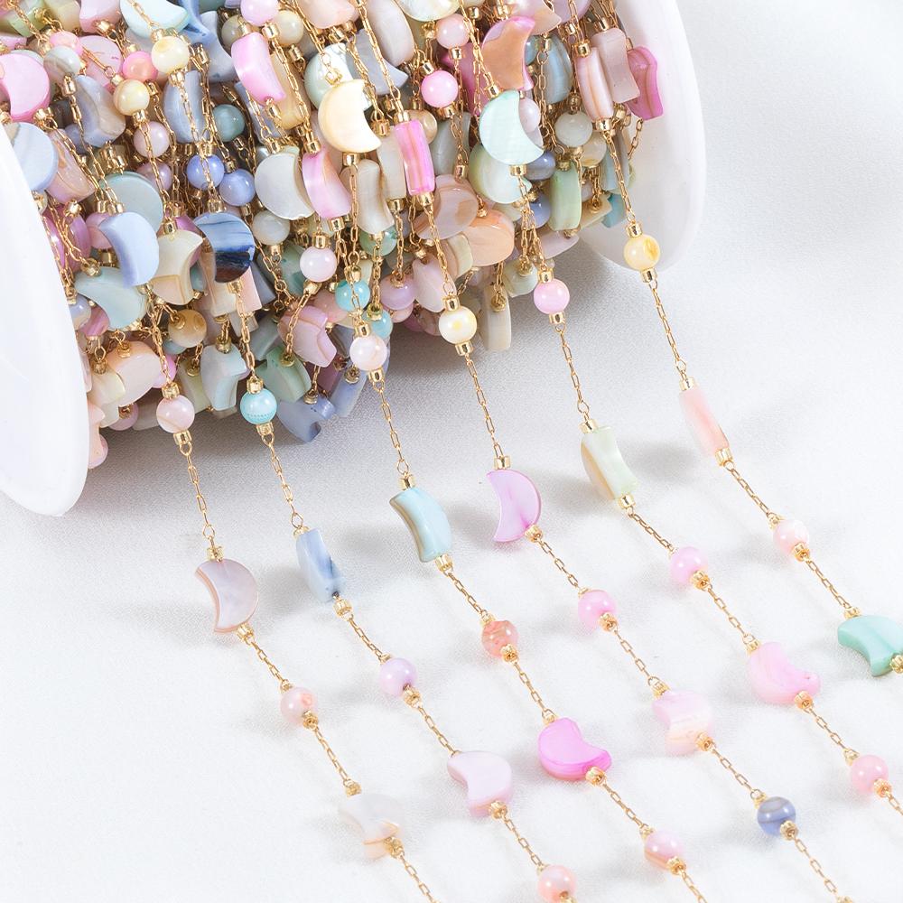1Meter Stainless Steel Natural Shell Chains Colorful Heart Round Beaded Chains for DIY Necklace Bracelet Jewelry Making Supplies