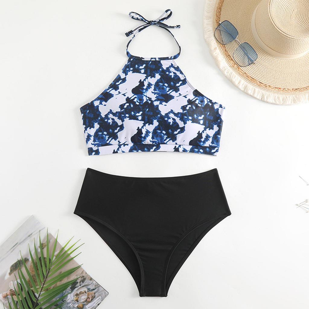 Printed Neck Hanging Split Bikini Slimming Multi Colored Women's Swimsuit