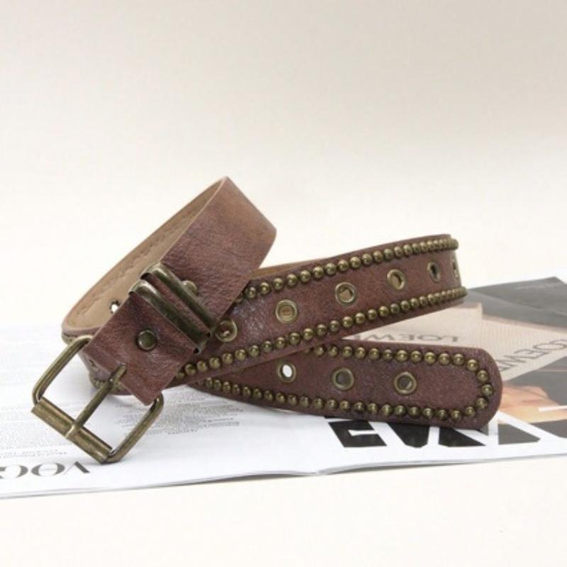 Vintage Pu Leather Belt With Rivet Studs Hollowed-Out Design Perfect For Daily Wear Jeans Casual Outfits
