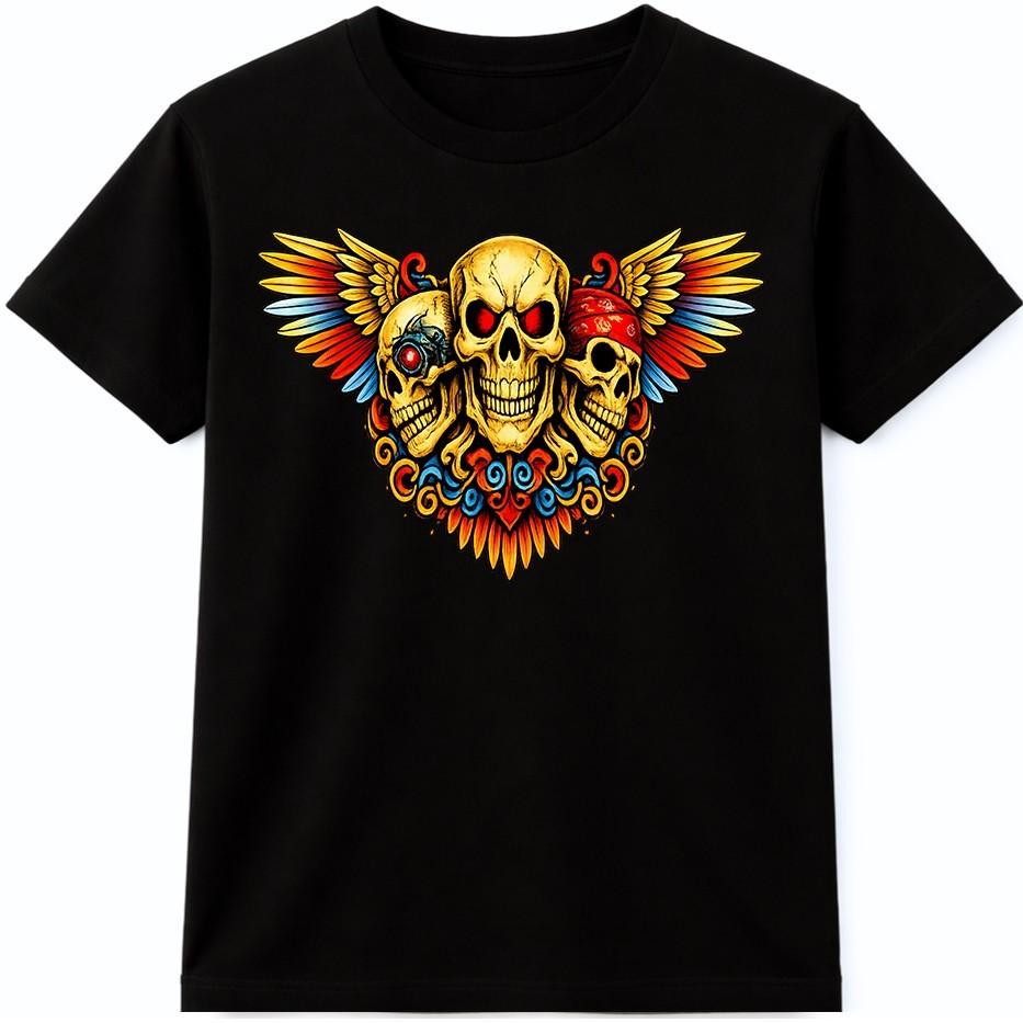 Biker Winged Skull T shirt Gothic Tattoo Style Colorful Graphic Tee S разноцветный