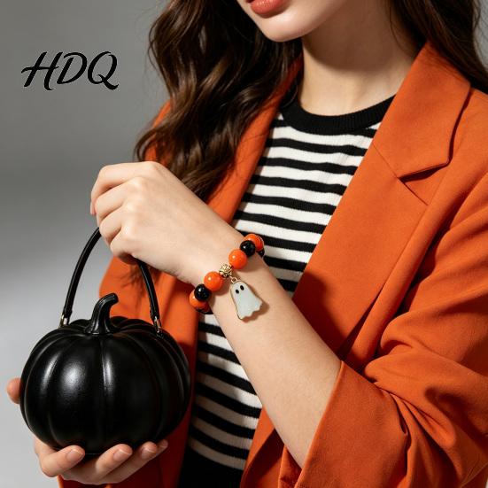 Handmade Beaded Elastic Wristbands Halloween Bracelet for Women Orange Black Beads Stretch Ghost Jewelry with Charm Stackable Holiday Accessory