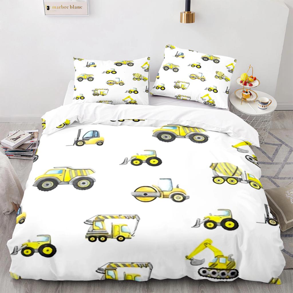 Cartoon Tractor King Queen Duvet Cover Watercolor Style Excavator Bedding Set For Kids Machinery Bulldozer Polyester Quilt Cover