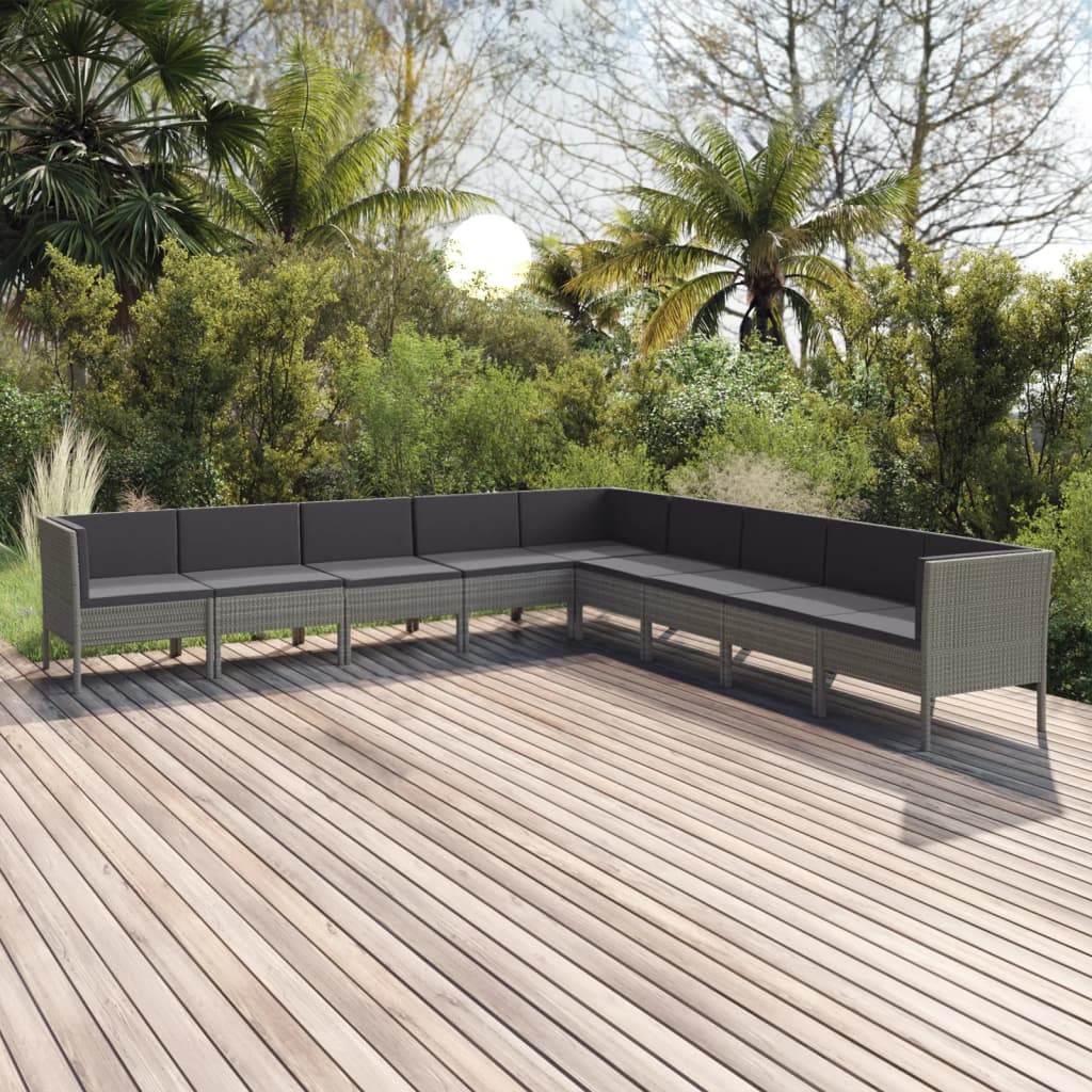 Vidaxl 9-Cz. Garden Lounge Set, Cushions, Grey PE Rattan