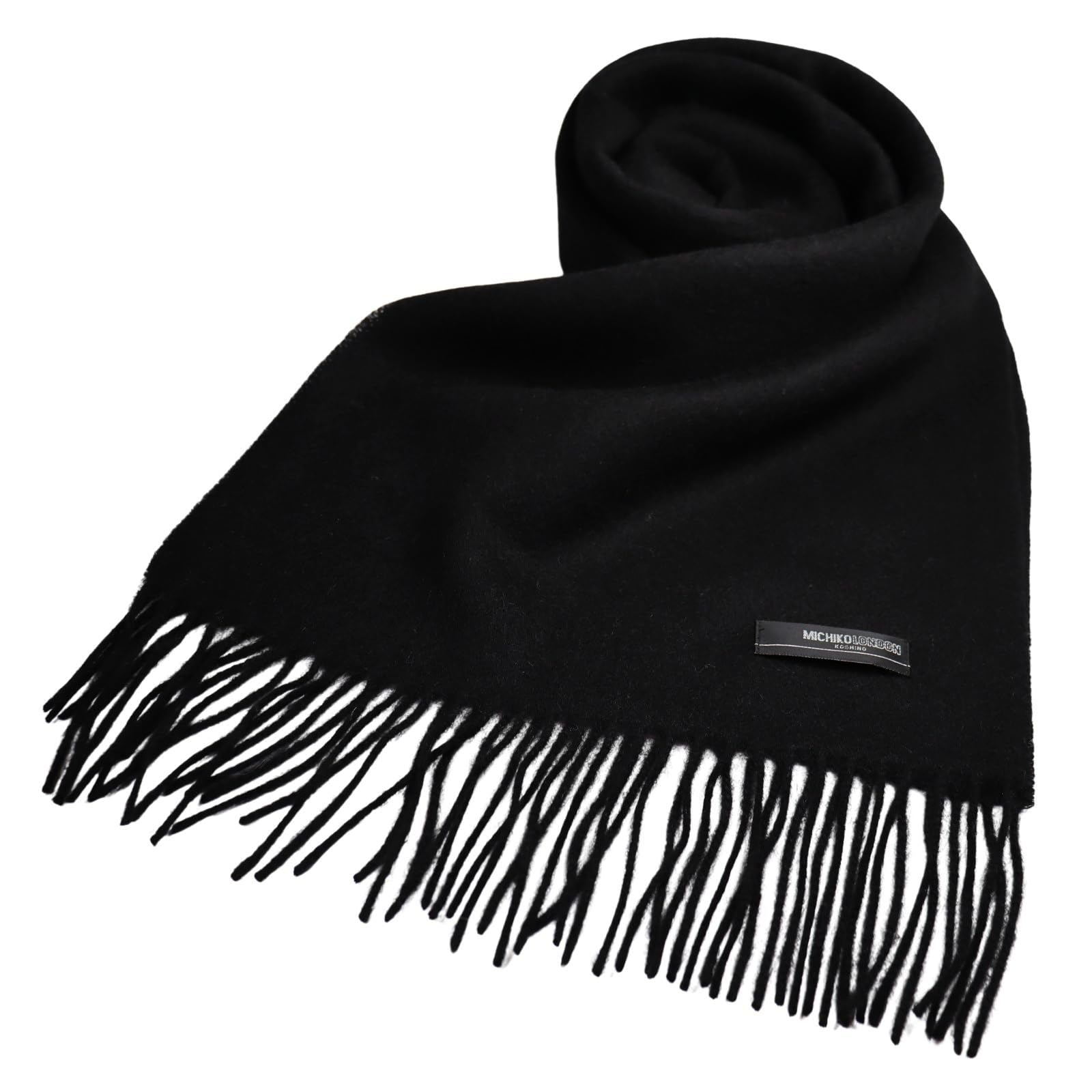 

Michiko London Inner Mongolia Wool 168cm x Solid Black Scarf, Gift, Size Approx. 31cm, Tassel Approx. 8cm, MKM-001-A,