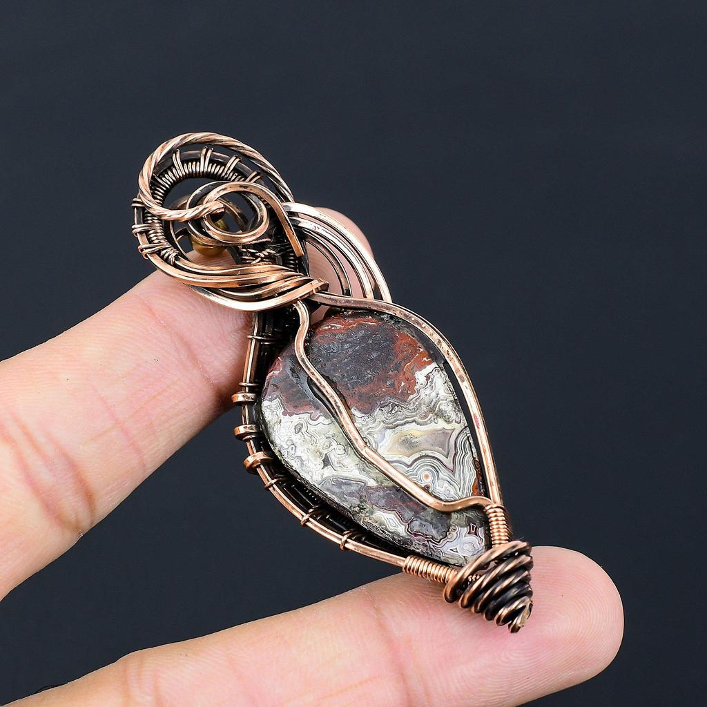 Crazy Lace Agate Gemstone Handmade Pure Copper Wire Wrapped Pendant Jewelry For Women