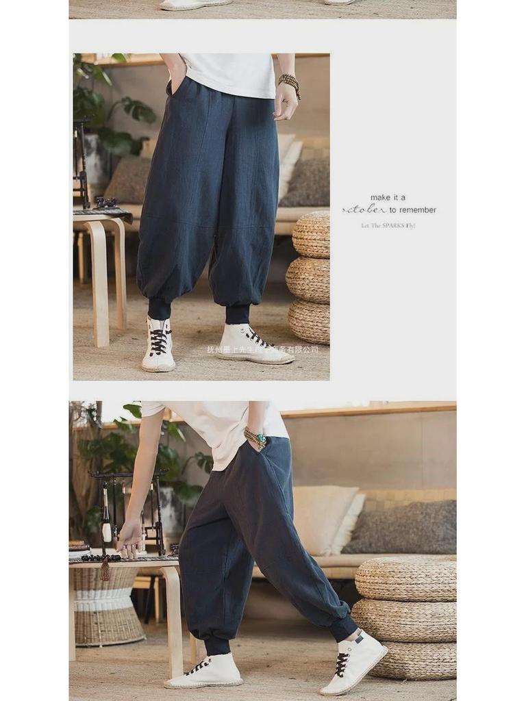 Men's Loose Linen Tang Suit Pants - Chinese Ancient Style Monk Pants
