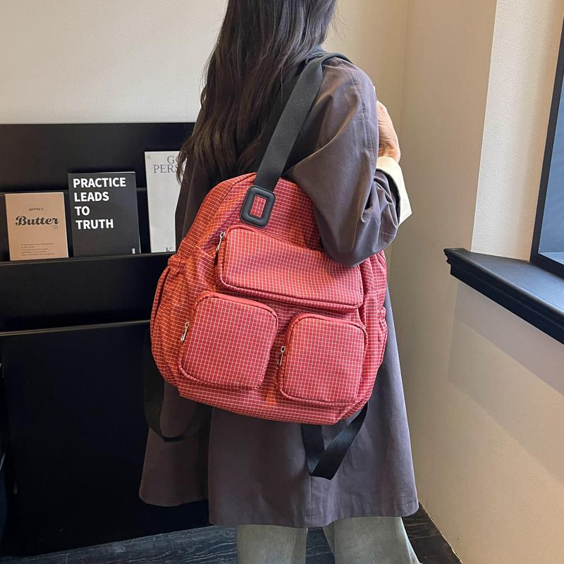 Color Contrast Backpack Women's Large Capacity Commuter Handbag Multi-Functional Plaid Tote Bag