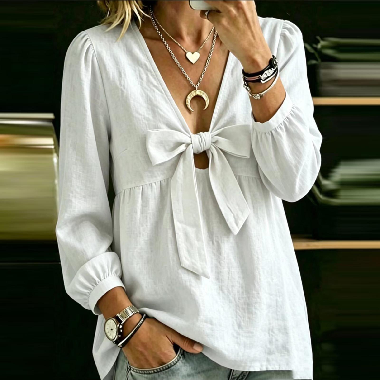 Women s Cotton-Linen V-Neck Long Sleeve Casual Shirt for Everyday Wear S