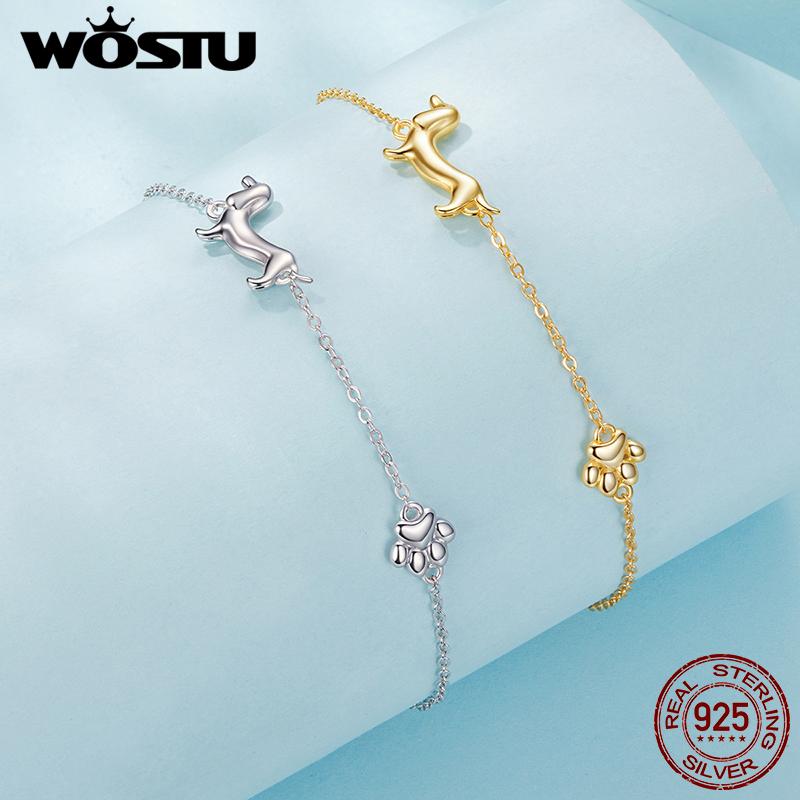 WOSTU 925 Sterling Silver Dachshund Pendant Necklace 18K Gold Pet Paw Chain Link Dog Charm Bracelets Earrings Ring For Pet Lover