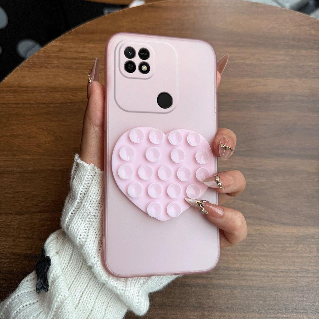 Heart Shape Suction Cup Phone Case for Xiaomi Redmi 10C Semi Transparent Matte Shockproof Soft TPU Cover