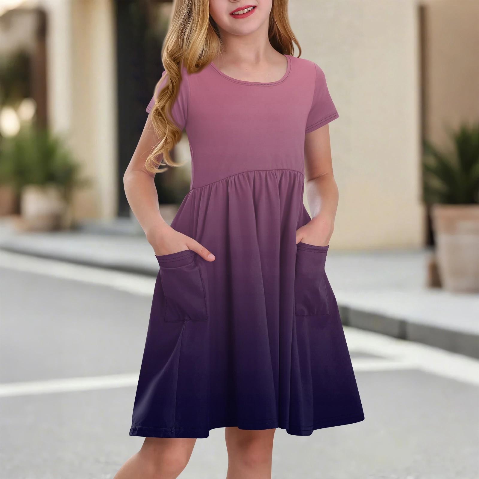 

Детская юбка с круглым вырезом и коротким рукавом, платье принцессы, модное повседневное платье с карманами для девочек 160 фиолетовый