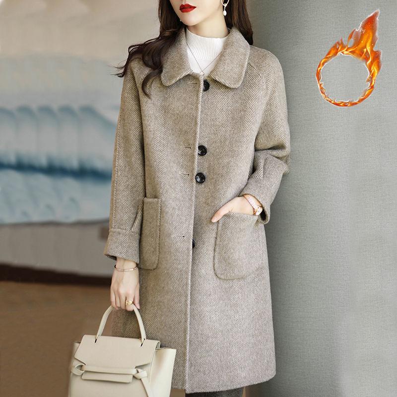 Dicker Wollmantel für Damen Koreanischer Stil Lockerer Schnitt Mittellang Elegant Mode Herbst Winter Neuankömmling Kleinere Größenfreundlich