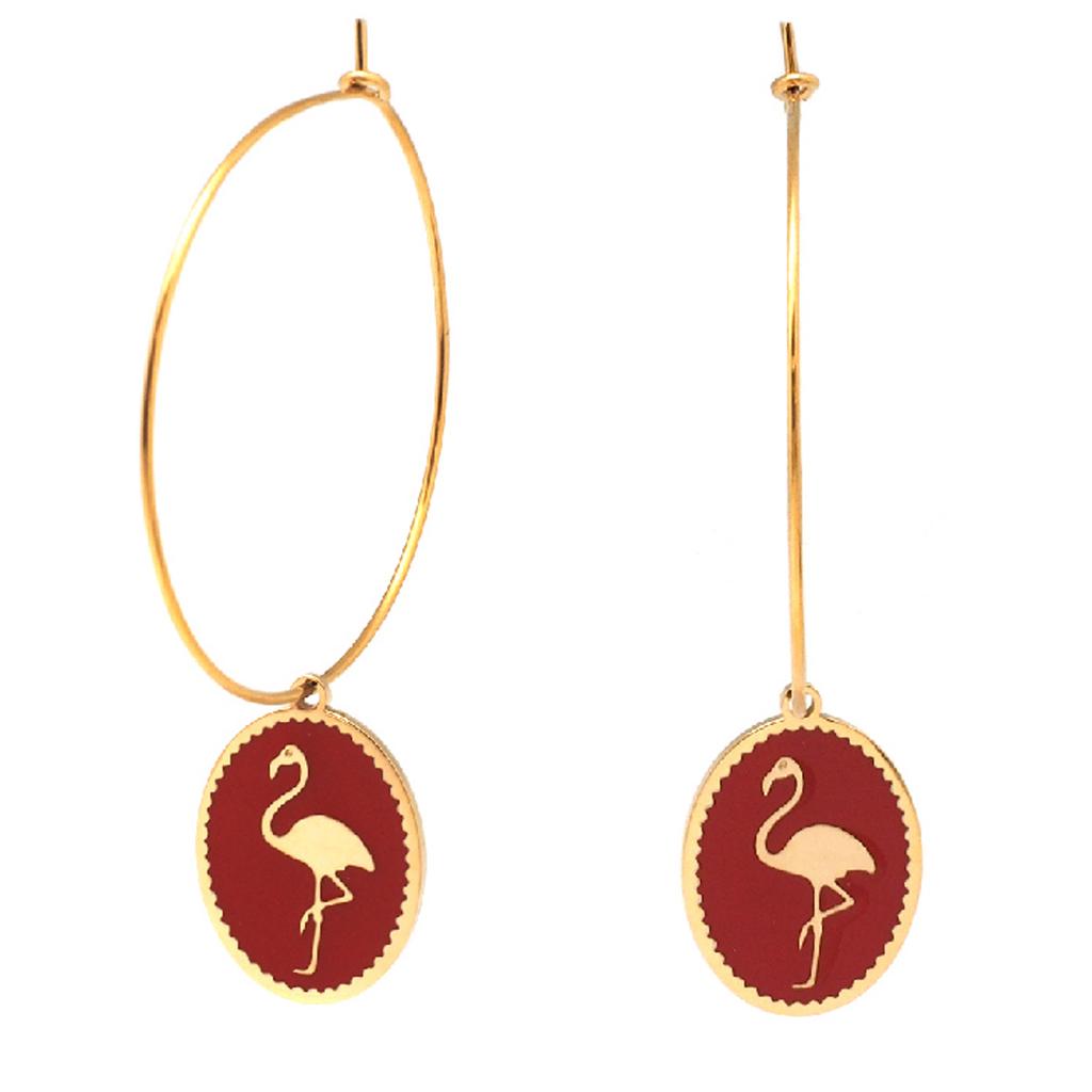 Les Trésors De Lily [Q2475] - Créoles créateur acier 'Flamant Rose' rouge doré - 33 mm- 18x14 mm