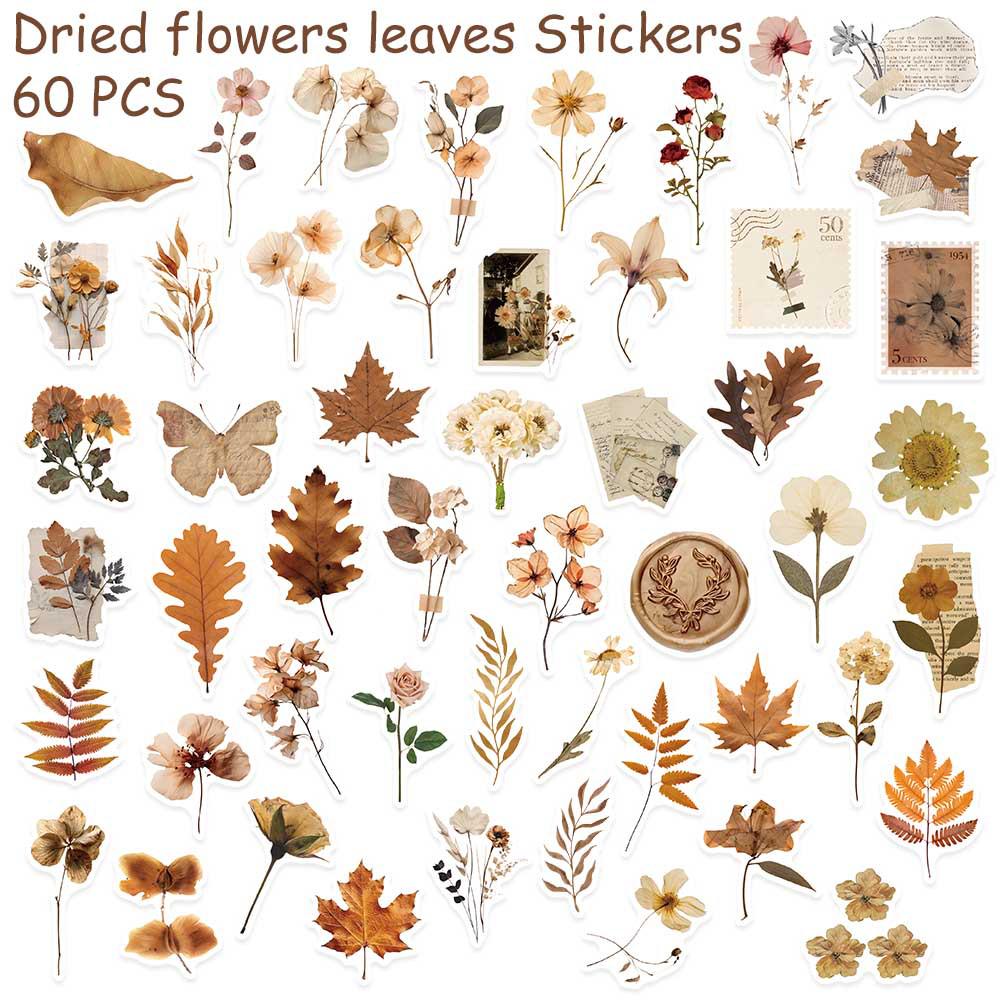 60 Sheets Dried Flower Leaf Stickers: Waterproof Decals for Suitcases, Computers, Refrigerators, and Phones