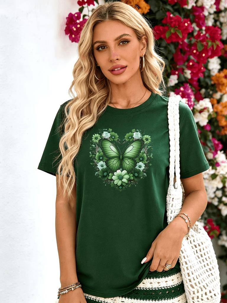 Women's Sparkling Rhinestone Butterfly T-Shirt Blue Green Glitter Print Tee Casual Crew Neck Short Sleeve Top Plus Size T Shirts