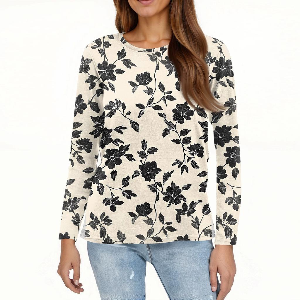 Women's Fashion Casual Slit Hem Round Neck Long Sleeve Loose Printed T-Shirt Ladies Top