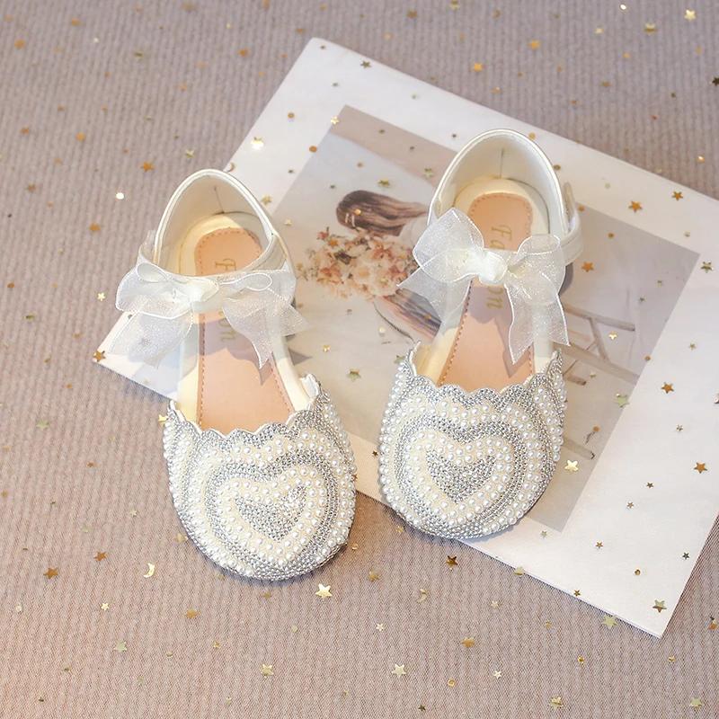 Girls Half Sandals Kids Princess Flat Shoes with Lace Ribbon 2025 Spring Summer Bow-knot Pearl Heart Shape Rhinestone Sweet Chic