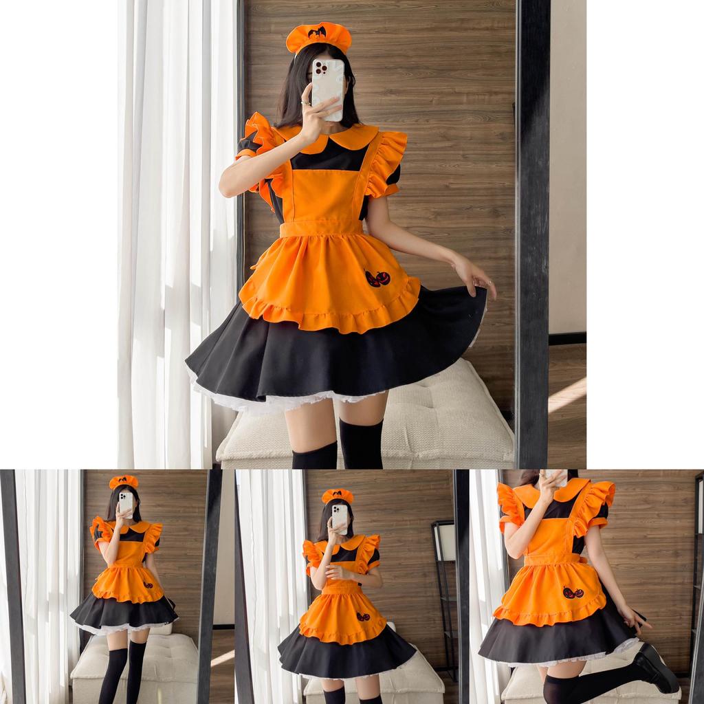 Cute Lolita Pumpkin Maid Halloween Party Costume Dress With Headdress