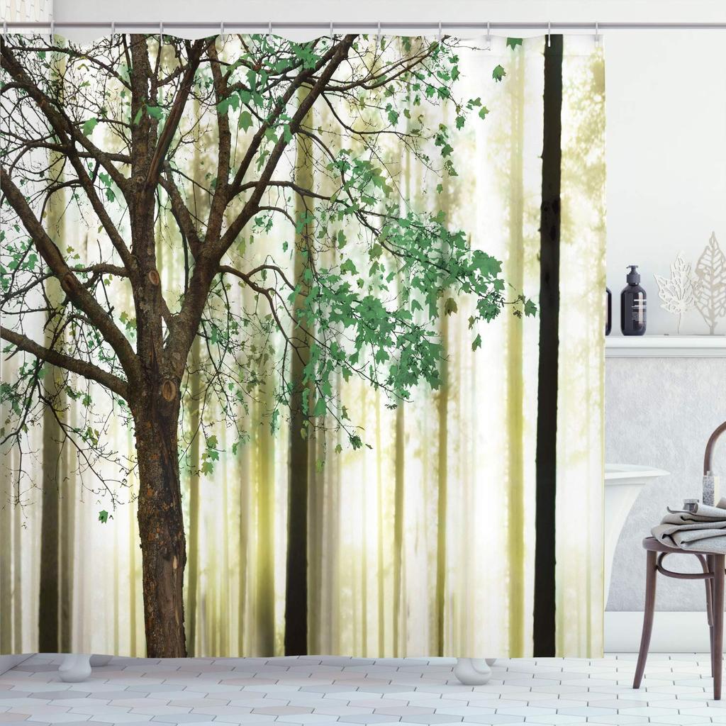 Autumn Shower Curtain,Fall Season Theme Forest Tree Leaves on An Abstract Woodland Background Bathroom Curtains with Hooks