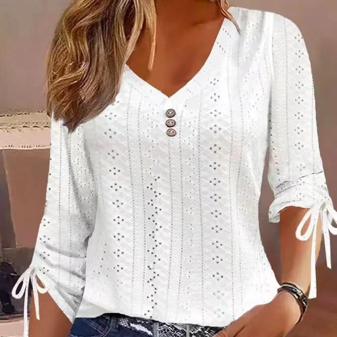 EastRogue Women's Fashion Casual Summer Solid Color Print Long Sleeve V-Neck Jacquard Button Loose Blouses & Shirts