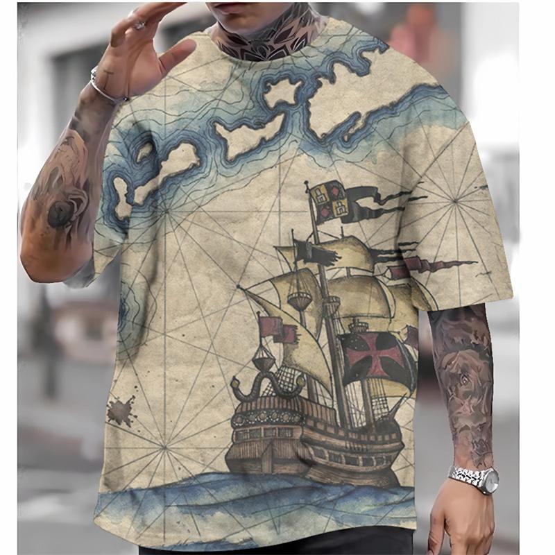 Vintage Nautical Graphic T-Shirt For Men Ship Map 3D Printed Tees Summer Casual Oversized Round Neck Tops T Shirts Short Sleeves