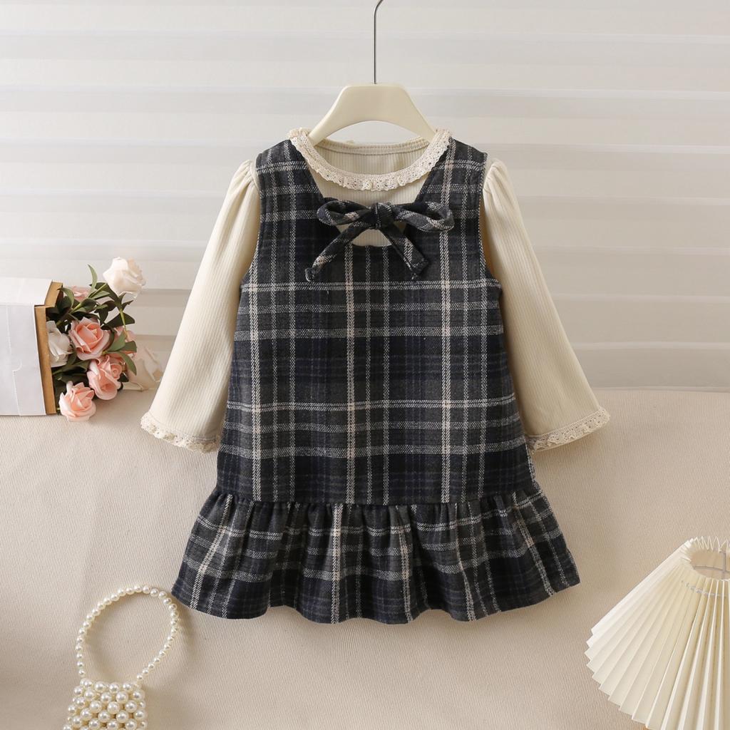 Girls' Outfit Spring and Autumn New Style Little  Style Plaid Skirt Baby Outfit Skirt Children's Two-Piece Set