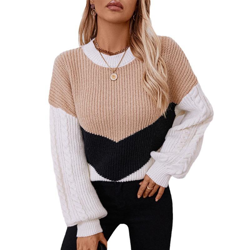 Women's Crewneck Pullover Sweater Fall Winter Long Sleeve Casual Ribbed Cable Knitted Colorblock Jumper Tops Soft Warm Sweater for Female