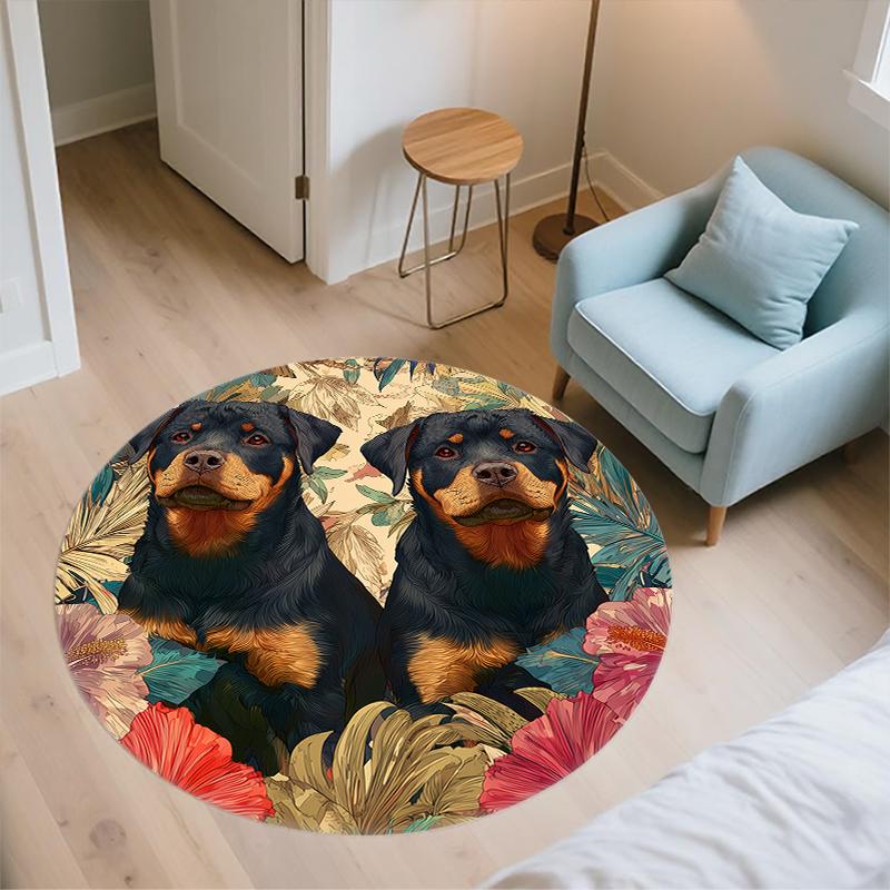 Rottweiler and leaves pattern round rug,Carpet Rug for Living Room Bedroom Playroom ,Non-slip Floor Mat,Holiday Gifts and Birthday Gifts.